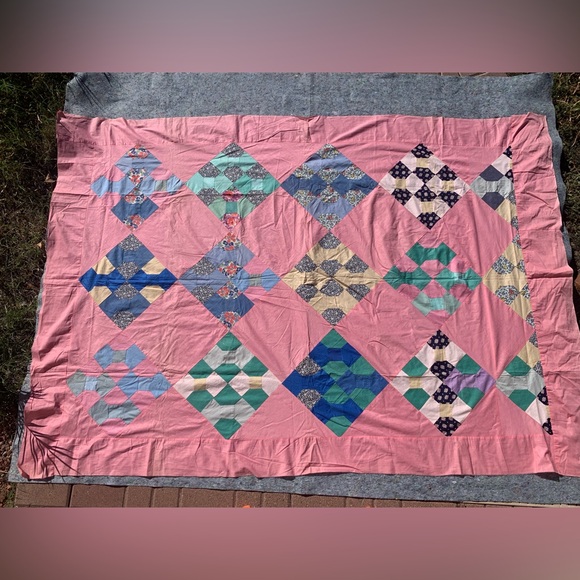 Antique quilt topper pink with blue green yellow purple diamond patchwork